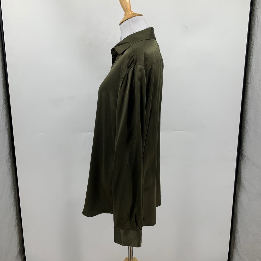 Lilysilk Shirt Womens 12 Dark Olive Mulberry Silk Satin Button Up Long Sleeve - Picture 4 of 11